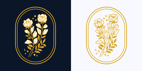 Vector feminine logo design templates in trendy linear minimal style. Peony, rose flowers and botanical leaf branch. Emblem, symbols and icons for cosmetics, jewellery, beauty and handmade products