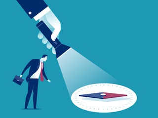 Uncovering direction. A hand holding a flashlight uncovering hidden compas. Business vector illustration. © bizvector