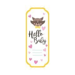 baby shower frame card with raccoon and hello baby lettering hand draw style