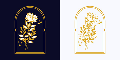 Fototapeta premium Vector feminine logo design templates in trendy linear minimal style. Peony, rose flowers and botanical leaf branch. Emblem, symbols and icons for cosmetics, jewellery, beauty and handmade products
