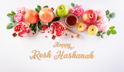 Rosh hashanah (jewish New Year holiday), Concept of traditional or religion symbols on white background.
