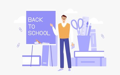 The teacher welcomes students to school or university. Male teacher leads lessons for schoolchildrens or students. School supplies are on the background.
