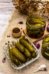 Marinated pickled cucumbers with spices and herbs