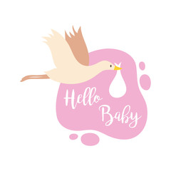 baby shower frame card with stoek flying and hello baby lettering hand draw style
