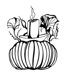 Pumpkin with candlestick and candle black outline line. - 372208553
