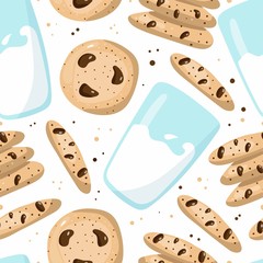 Milk and cookies seamless pattern. Glass and american oatmeal cookies with chocolate. Food and drink for Santa Claus, doodle cartoon design textile, wrapping paper, wallpaper vector texture packaging
