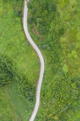 Top view of a curvy asphalt road through lush hilltop wilderness
