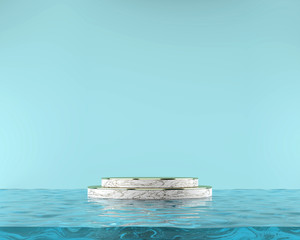 Marble stage platform floating on water, template for advertising product, 3d rendering.