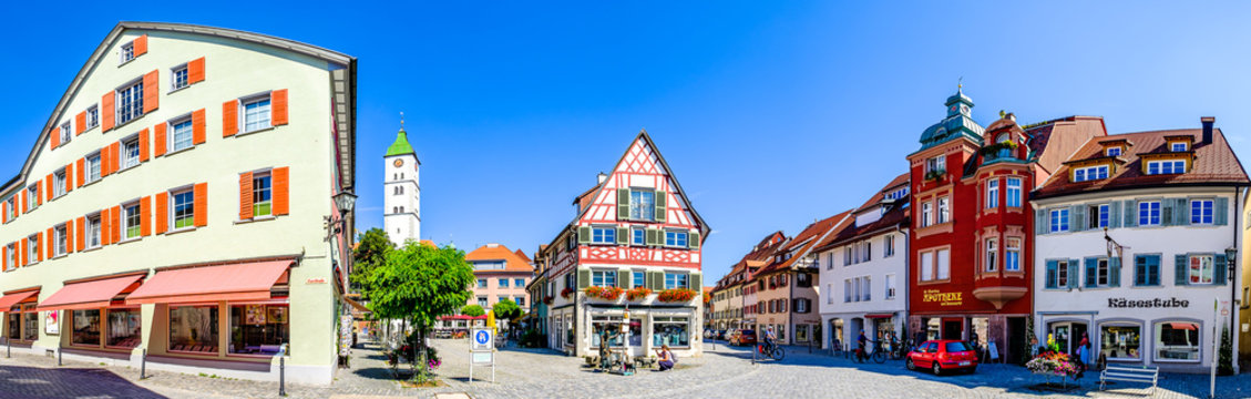 Wangen, Germany - August 6: famous historic buildings in the old town of Wangen on August 6, 2020
