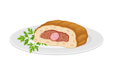Rolled Meat from Forcemeat as Spanish Cuisine Dish Served on Plate Vector Illustration