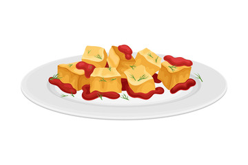 Tapas with Sauce as Spanish Cuisine Starter Served on Plate Vector Illustration