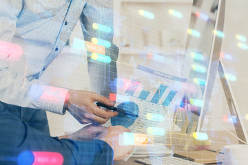 Multi exposure of tech drawings with man working on computer background. Concept of innovation.