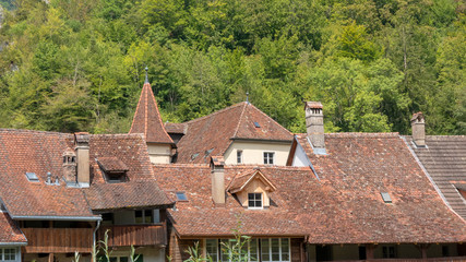 Fototapeta na wymiar Medieval architecture up close in Saint-Ursanne, Switzerland
