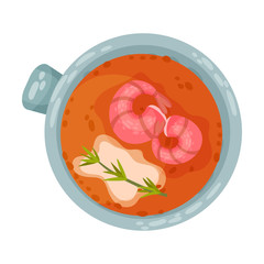Soup with Shrimps and Herbs as Spanish Cuisine Dish Served in Bowl Vector Illustration