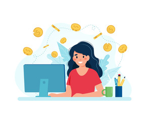 Earn money online, woman with a computer and coins. Vector illustration in flat style