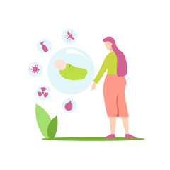 Danger to newborn baby illustration. Serious illnesses awaiting an infant coronavirus infections and radiation exposure mosquitoes carrying fever and genetic vector mutations.