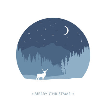 Christmas card design with reindeer in the forest silhouette. Snowy winter night landscape with trees, mountain and wild animal. - Vector © Mariya