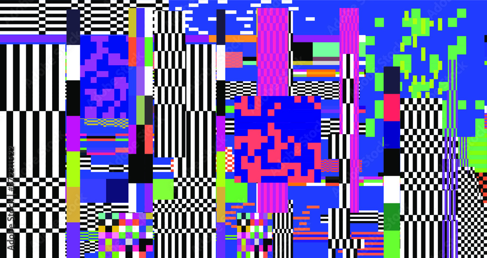 Poster Abstract pixelated background with flickers and datamoshing effect for programming and steganography subject. Vaporwave and cyberpunk style aesthetics.