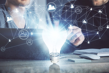 Growing arrows with businessman working on computer on background. Success concept. Double exposure.