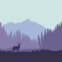 Deer silhouette in forest near mountains. Nature landscape in violet colors. Animal in the wild. - Vector illustration
