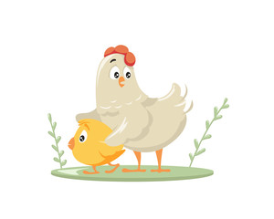 Chicken protects cartoon chick. Caring red combed poultry hen takes its yellow chick away from danger love and motherhood under safe vector wing.