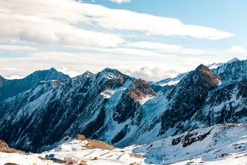 Fototapeta na wymiar High rocky mountain landscape. Beautiful scenic view of mount. Alps ski resort. Austria, Stubai, Stubaier Gletscher