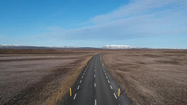 Beautiful view from campervan in Iceland ring road 
Aerial view view of a camper van cruising the Iceland's highways. In the midst of beautiful nature and clear skies.Drone camera