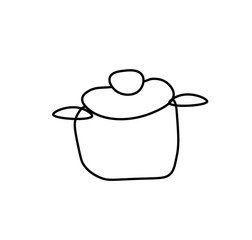 Vector saucepan with a black line.Simple food and cooking illustration in doodle style on a white isolated background hand drawn.Design for social networks,web,advertising,banners,menus,recipes.