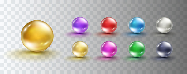 Glass ball set isolated on transparent background. Realistic gold and colorful orbs, oil collagen, 3d gel spheres. Vector water bubbles or round pills with shadows