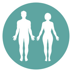 silhouettes of man and woman in green circle on white background