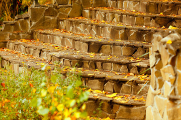 Close-up steps of stairs up from antique stone in autumn season. The symbol of upsurge and success. Recreation. Parks. Autumn concept.