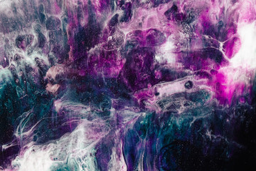 Colorful marble texture. Ink water. Purple white blue smeared stained streak surface with dust...