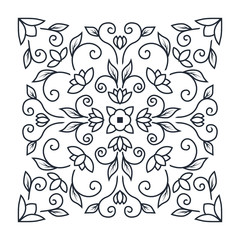 Ornament of swirling lines, silhouettes of flower buds and central flower star.  Print for the cover of the book, postcards, t-shirts. Illustration for rugs.