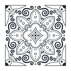 Ornament of swirling lines, circles and geometric flowers.  Print for the cover of the book, postcards, t-shirts. Illustration for rugs.