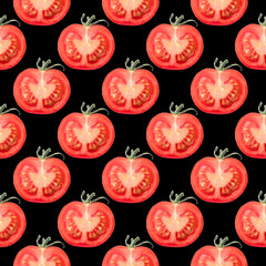 Half tomato seamless pattern on black background