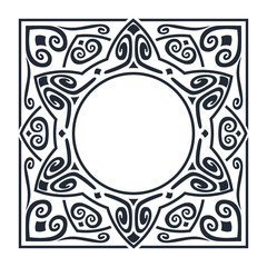 Ornate square frame of swirling lines, circles, dots and other geometric forms.