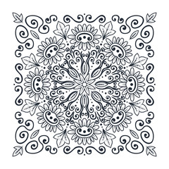 Ornament of swirling lines, silhouettes flowers and central flower star.  Print for the cover of the book, postcards, t-shirts. Illustration for rugs.