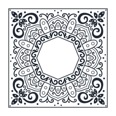 Ornate square frame of swirling lines, circles, dots and silhouettes of flower buds.