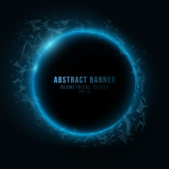 Abstract geometric banner made of triangles plexus on a dark background. Blue glowing connected triangular elements. Scientific background for your project. Vector illustration.