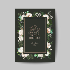 Elegant Merry Christmas and New Year 2020 Card with Pine Wreath, Mistletoe, Winter plants design for greetings