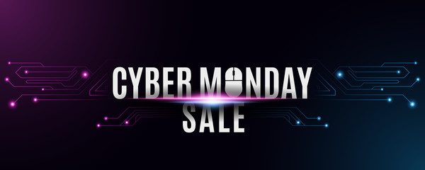 Cyber monday sale banner. Futuristic high tech background from a circuit motherboard. Computer mouse and text. Neon blue and purple connecting lines with lights. Vector illustration.