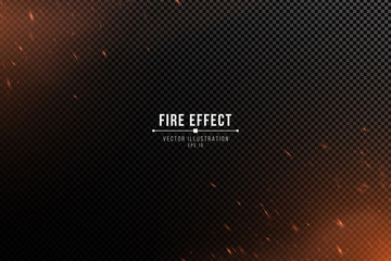 Fire effect with particles on a transparent dark background. The flame sparkles and smoke. Vector illustration.