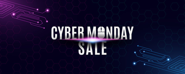 Cyber monday sale banner. High tech background from a circuit motherboard. Computer mouse and text. Neon blue and purple connecting lines with lights and honeycomb pattern. Vector illustration.