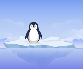Penguin on an ice floe. Cute arctic bird happily stands on an iceberg natural ice and inhabitants of Antarctica protection and preservation of environment from vector global warming.