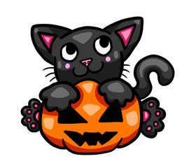 Cartoon Stylized Adorable Halloween Cat Hugging a Pumpkin