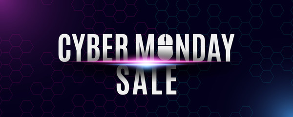 Cyber monday sale banner. High tech background from a honeycomb pattern. Special store offer. Computer mouse and text. Purple and blue lights. Vector illustration.