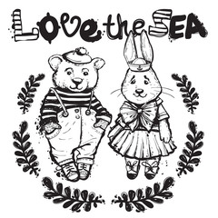 Love the sea. Hand drawn sailor animals coloring book characters and accessories. Bear boy and bunny girl with marine anchors.