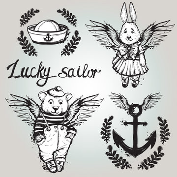 Beautiful vector summer ocean fashion sketch. Hand drawn graphic lucky sailor, angel rabbit, sailor hat, angel bear, white bow, flying laurel anchor.