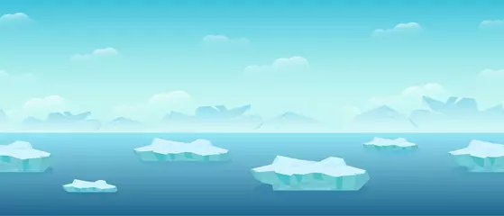 Gordijnen Floating ice floes in sea. Blocks of ice floating from arctic cold compressed snow global climate warming northern water landscape huge white polygon on blue background vector water. © Богдан Скрипник