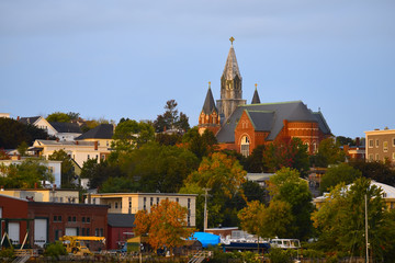 View of the city and the river in the early autumn morning. USA. Maine. Portland.